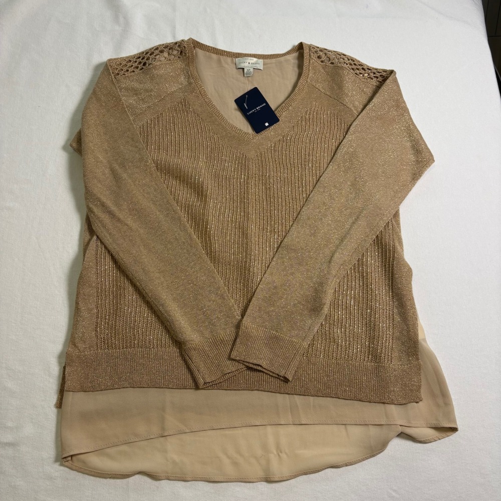Lucky Brand, Sweater, S, Gold, Metallic Layered Crochet V-Neck, MSRP $89.50